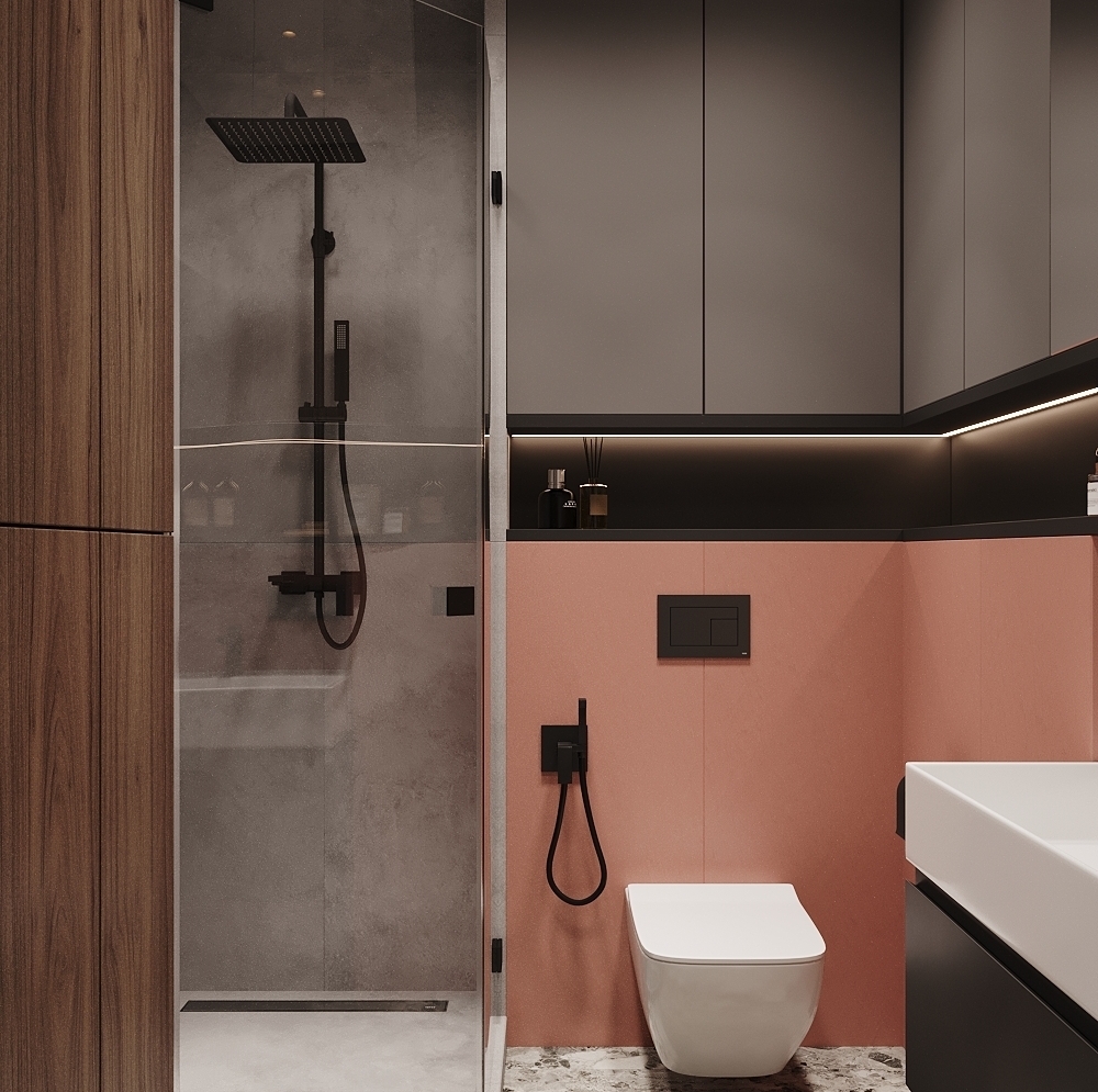 Дизайн интерьера однокомнатной квартиры. Интерьер душевой. Студия дизайна AB Studio 52. Дизайн интерьера душевой в проекте квартиры ул. Гражданская, Москва.