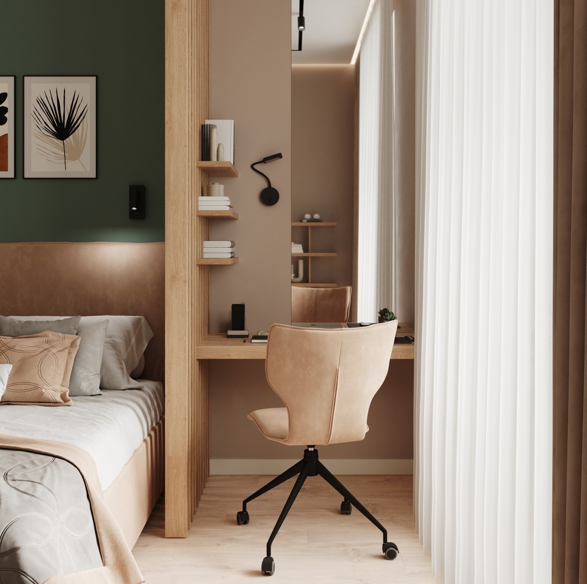 Дизайн интерьера спальни в Москве. Дизайн проект спальни в зеленых тонах.