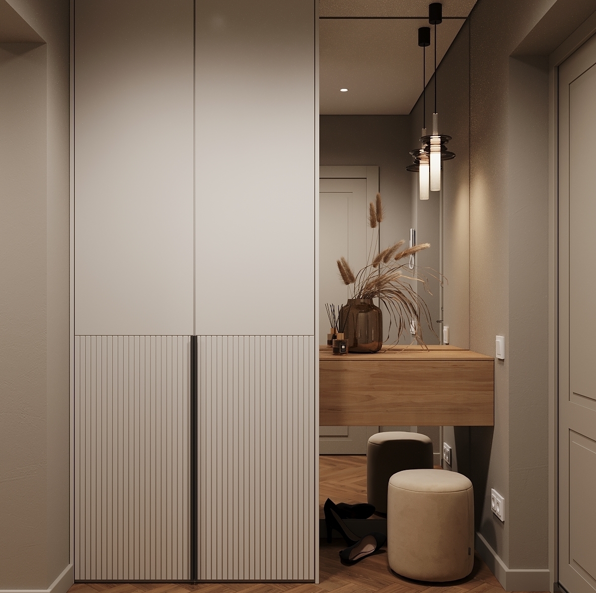 ДИзайн проект квартиры ПИК Амурская. Студия дизайна AB Studio 52. Дизайн интерьера прихожей в квартире ПИК Москва Амурская.