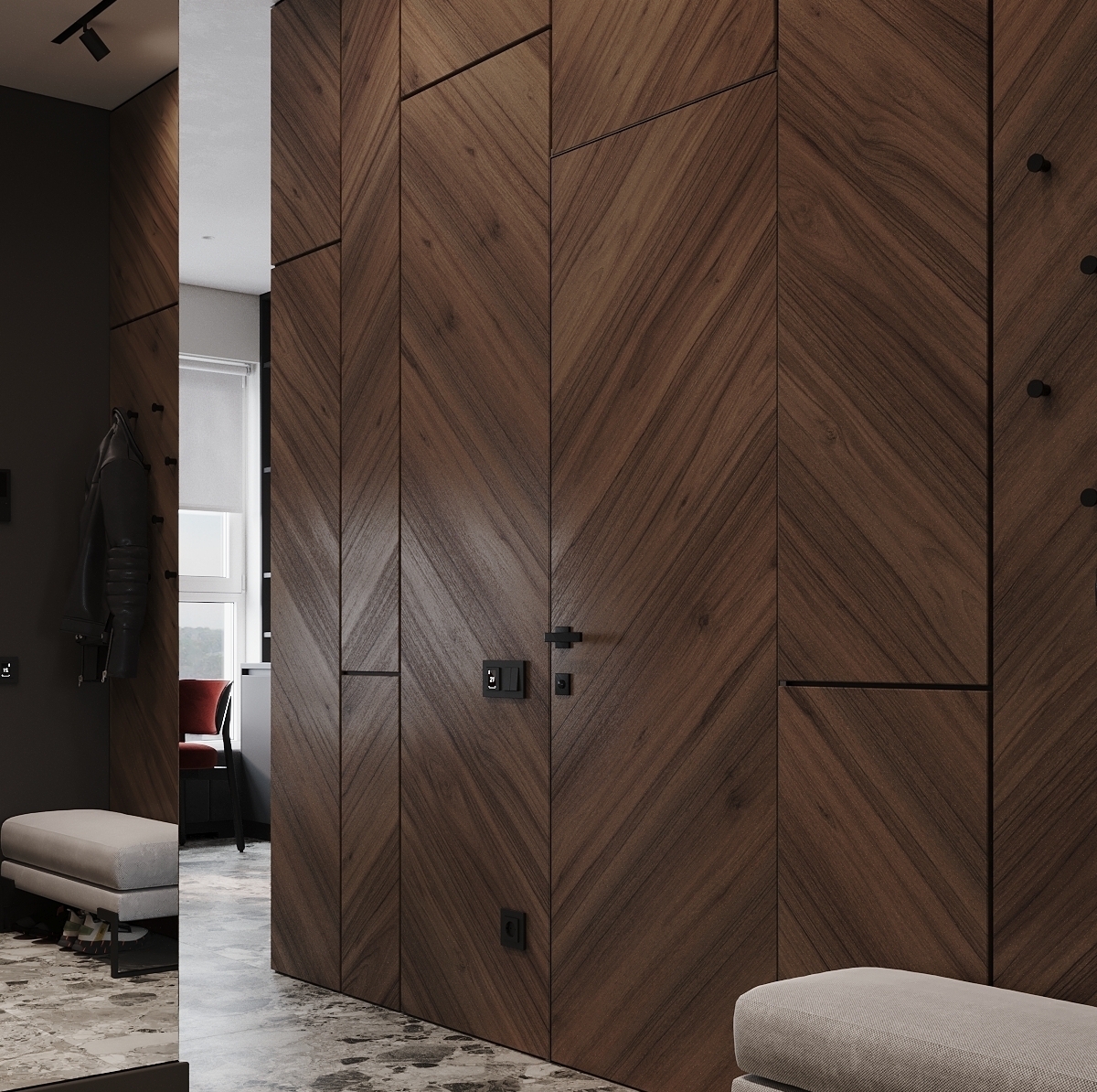 Современный интерьер прихожей. Шпонированные панели. Студия дизайна AB Studio 52. Дизайн прихожей в проекте квартиры Гражданская Москва.